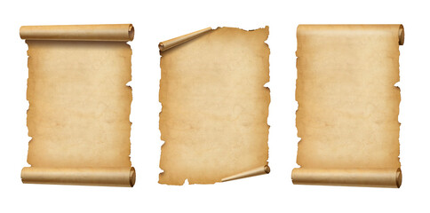 Old Parchment paper scroll set isolated on white. Vertical banners