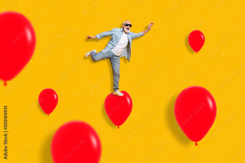 Poster full body collage photo of cute energetic grandpa feel young jumping on flying baloons isolated on y