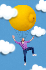 Vertical composite collage overjoyed positive person fly huge lemon isolated on sky cloud background - obrazy, fototapety, plakaty