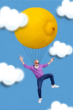 Vertical composite collage overjoyed positive person fly huge lemon isolated on sky cloud background