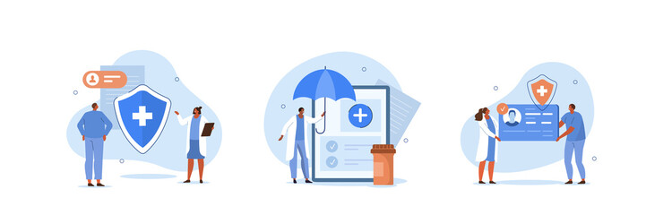 Health insurance illustration set. Doctor offering medical insurance policy contract. Patient holding insurance ID card. Medicine and healthcare concept. Vector illustration.
 - obrazy, fototapety, plakaty