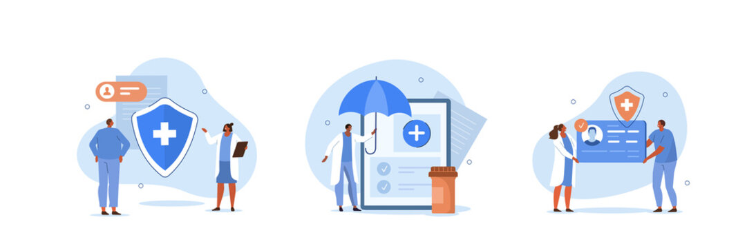 Health insurance illustration set. Doctor offering medical insurance policy contract. Patient holding insurance ID card. Medicine and healthcare concept. Vector illustration.

