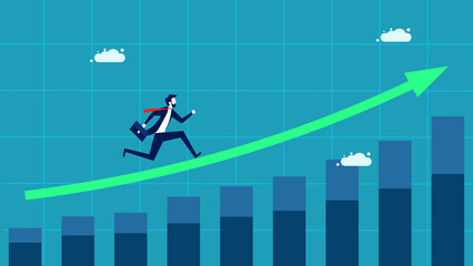 Business growth. Businessman running on a growth arrow. business concept vector
