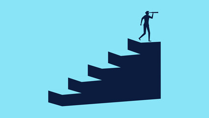 Search for opportunities. Silhouette of a business man looking into a telescope on a ladder. business concept vector illustration