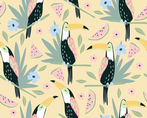 Toucan seamless pattern with flowers and palm leaf. Cute bird background for girls, baby or kids.