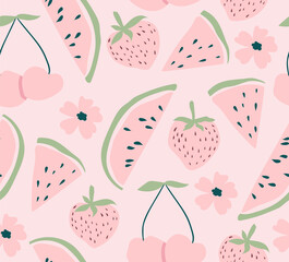 Watermelon, cherry and strawberry pink seamless pattern. Fruit and flower vector background. Perfect for creating fabrics, textiles, wrapping paper, packaging.