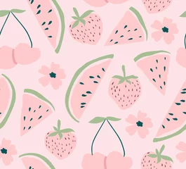 Muurstickers Watermelon, cherry and strawberry pink seamless pattern. Fruit and flower vector background. Perfect for creating fabrics, textiles, wrapping paper, packaging. © Dovikuu