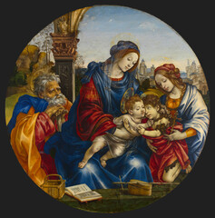 The Holy Family with Saint John the Baptist and Saint Margaret, is an Tempera and gold on wood...
