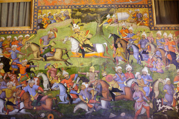 Fresco at Chehel Sotoun palace showing the battle between Shah Esmaeel Safavid and Sheibak Khan the...