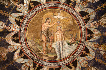 Ceiling mosaic of Christ being baptized in the Arian Baptistery, Ravenna, Italy - obrazy, fototapety, plakaty