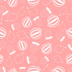 Seamless pattern with set fruits. White flat icon berries on color background. Linear icon fruit set. Modern design for print on fabric, wrapping paper, wallpaper, packaging. Vector illustration