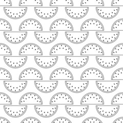 Seamless pattern with watermelon. Black flat icon fruit slice on white background. Linear icon fruit set. Modern design for print on fabric, wrapping paper, wallpaper, packaging. Vector illustration