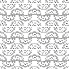 Seamless pattern with lemon. Black flat icon lemon slice on white background. Linear icon fruit set. Modern design for print on fabric, wrapping paper, wallpaper, packaging. Vector illustration