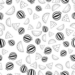 Seamless pattern with watermelon. Black flat icon fruit slice on white background. Linear icon fruit set. Modern design for print on fabric, wrapping paper, wallpaper, packaging. Vector illustration
