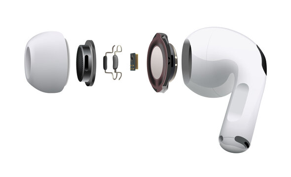 White wireless headphones Apple AirPods Pro inside, on white background. Realistic vector illustration