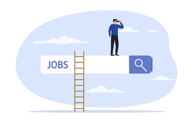 Job search, employment, career, find opportunity, seek for vacancy or work position concept. Businessman climb up ladder of job search bar with binoculars to see opportunity.  Vector illustration.