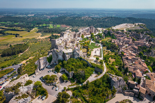 Aerial view of the castle and village of Les Baux-de-Provence, South France