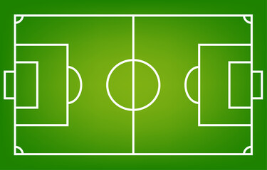 Soccer field vector with white field lines, aerial view, football sport background and green grass top view.