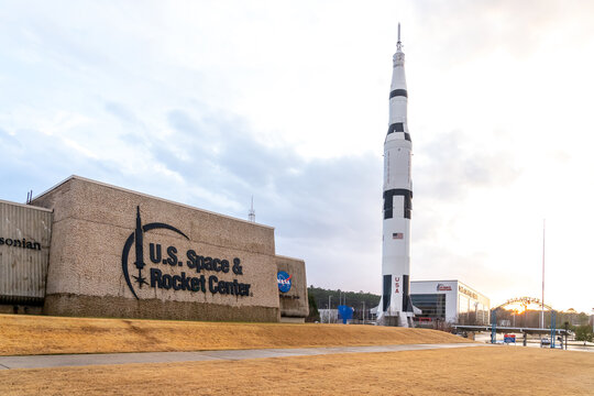 Huntsville, Alabama, USA - December 29, 2021: The exterior view of the U.S. Space and Rocket Center in Huntsville, Alabama, USA, Alabama is a museum operated by the government of Alabama. 