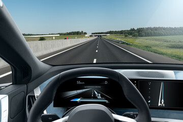 Autonomous car on a road. Inside view.