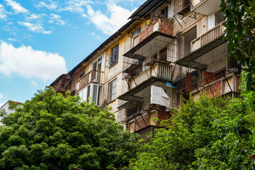 Close-up of residential buildings in an abandoned old residential area