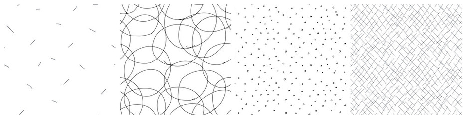 Minimal seamless pattern set. Neutral monochrome background in black and white colors with circles and hand drawn scattered strokes.