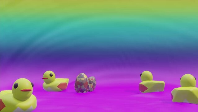 3D rendering loop Bathtub yellow ducks toys going round in circles on a rainbow background with two easter eggs  . 1920 x 1080 HD - Mp4 - H264 - 24 Fps