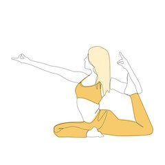 The girl has stretched her arm forward and is holding her leg with her hand in a yoga asana. Drawing with one line on a white background.