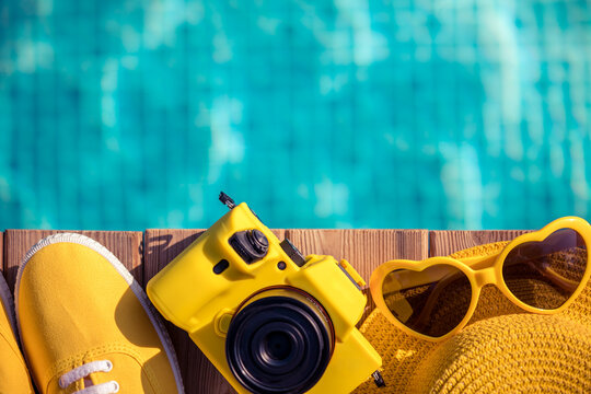 Yellow Sneakers And Camera On Blue Wood Against Water Background