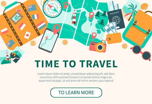 Top view on travel and tourism concept template, ready for summer banners design. Vector illustration
