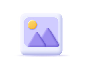 Jpg, image, photo file 3d icon. Concept multimedia file. Render picture in frame landscape with mountains and sun. 3d vector cartoon minimal illustration