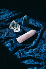 Healing Chakra crystals on velvet textile background. Meditation, Reiki or spiritual healing practice
