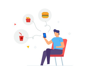 People use smartphones, delivery, fast food, flights, social networks set of icons, illustration. Smartphones tablets user interface social media.Flat illustration Icons infographics. Landing page