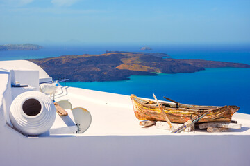 view of Fira, caldera, volcano of Santorini, Greece with cruise ships