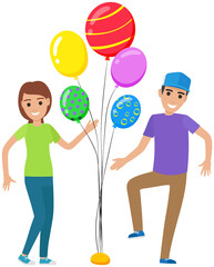 Young beautiful girl and man dancing between balloons. Celebration party, fun activity feeling excited concept. Female character dancing, moving rhythmically. Lady in dance rejoicing celebrating event