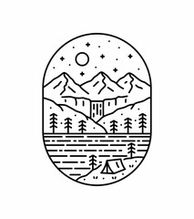 camping on the nature waterfall mountain in mono line style art for badge , emblems, patches, t-shirts, etc.