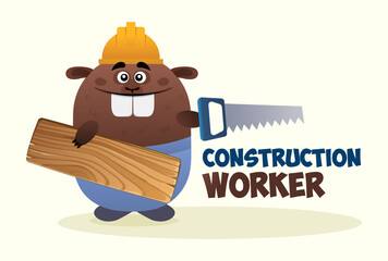 Funny cute beaver holding wooden plank in yellow helmet. Funny mascot or logo for a construction company. - obrazy, fototapety, plakaty