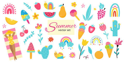 Cute hand drawn colourful summer elements set