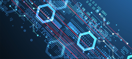 Abstract background on technological and scientific topics. Various techno details with using digital code. Vector format.