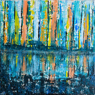 Abstract acrylic painting on square canvas made with palette knife streaks in blue yellow orange pond reflections