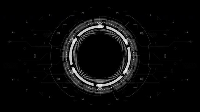 Motion graphic of White circle rotation with head up display ( HUD UI ) technology interface and futuristic elements abstract background alpha channel included