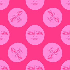 Seamless pattern -Psychedelic 70s smiley.Psychedelic 1970 good vibes - sunshine face.Trippy acid moon.Funky stickers, groovy face characters.Yellow and pink hippie vector sun.Vintage smiley background