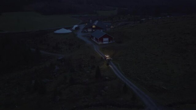 Christmas tree Plantation, packing trees at night. Aerial Drone.