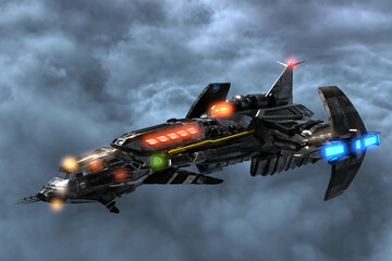 Sci-fi aircraft flight through dramatic sky 3d render - 505207338