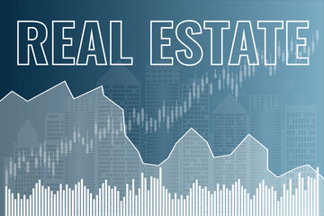 Stock market sector Real Estate, change price on financial markets. Text Real Estate on blue and grey finance background