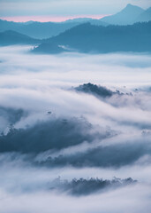 Fototapeta na wymiar Scenery of foggy flowing on mountain valley in tropical rainforest at the morning
