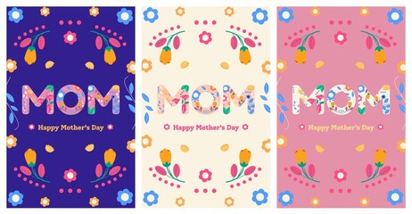 Happy Mother's day. Vector greeting card set with beautiful flowers. Ideal for postcard, banner, poster, invitation, wallpaper