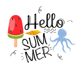 Summer print, label, sticker, logo, hand drawn tags and elements for summer vacation, travel, beach holiday. Vector illustration