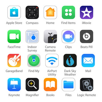 Set of popular 20 iOS Apps icons: Apple Store, Compass, Home, FactTime, iMovie and others, vector illustration