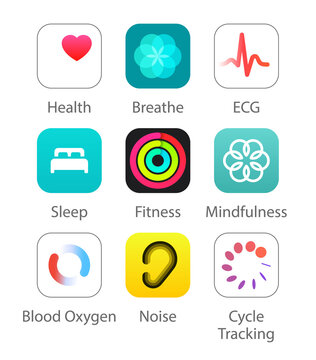 Set of popular iOS Health Apps icons: Health, Breathe, ECG, Sleep, Fitness and others, vector illustration